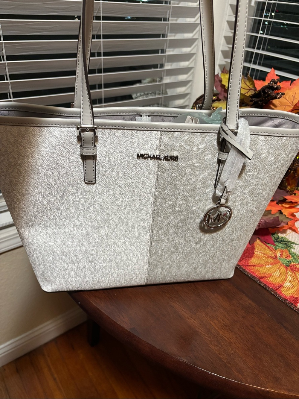 Michael Kors Light Gray Signature Tote with Logo Charm